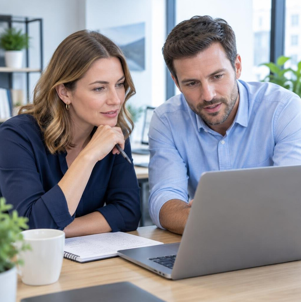 Colleagues reviewing work together at a desk