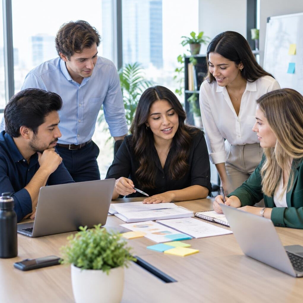 Team members in a planning meeting with sticky notes