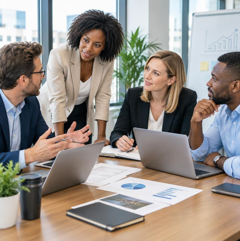 Business colleagues discussing project around a table