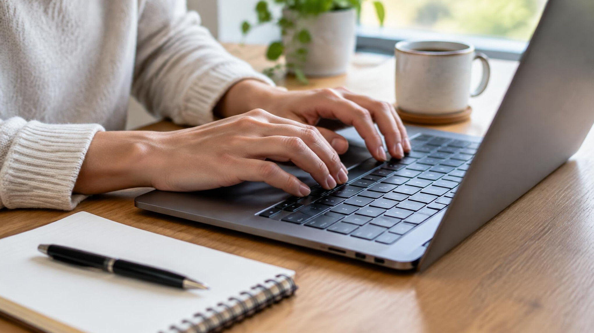 Hands typing on a laptop on a desk