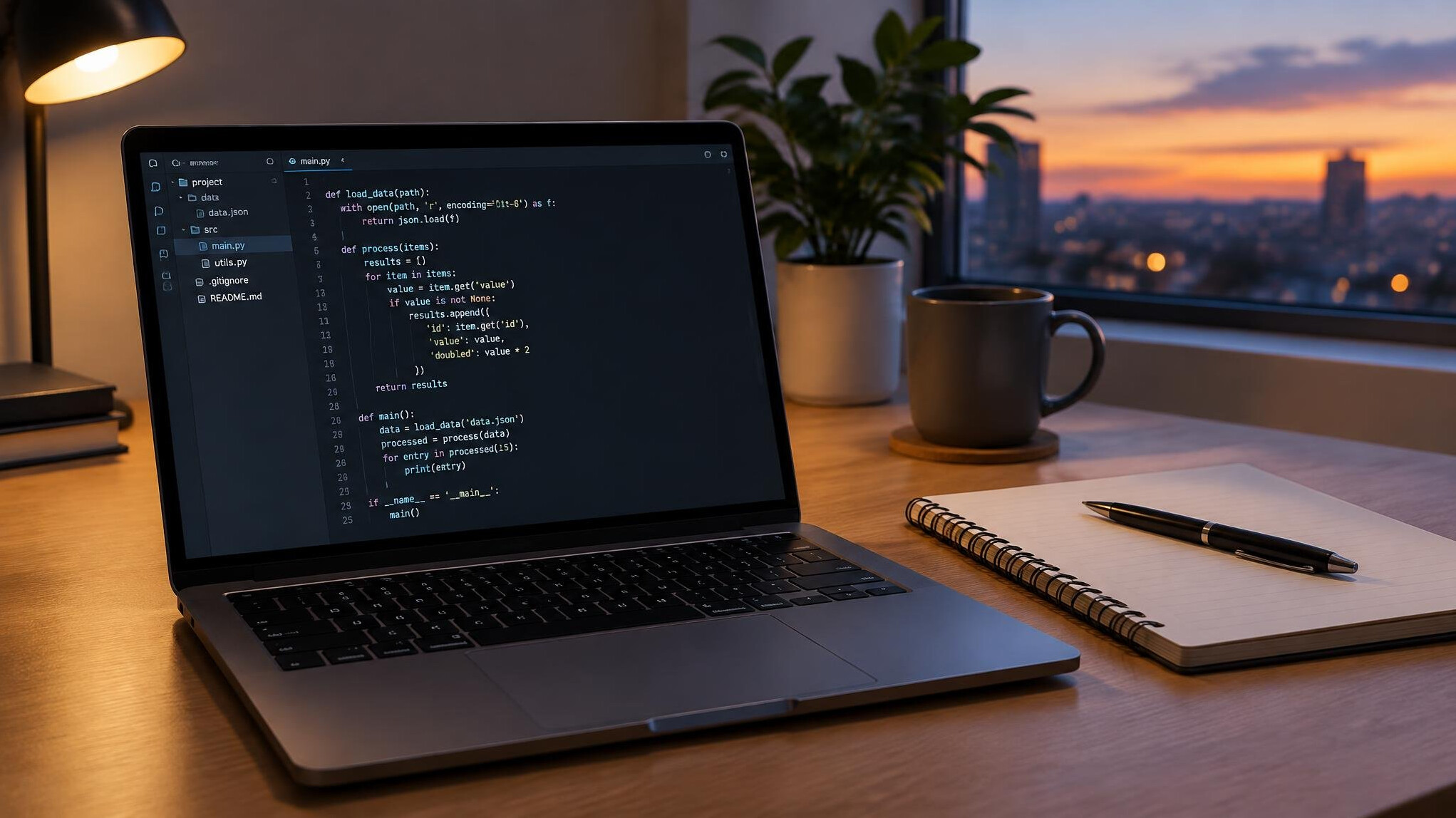 Laptop with source code on a desk